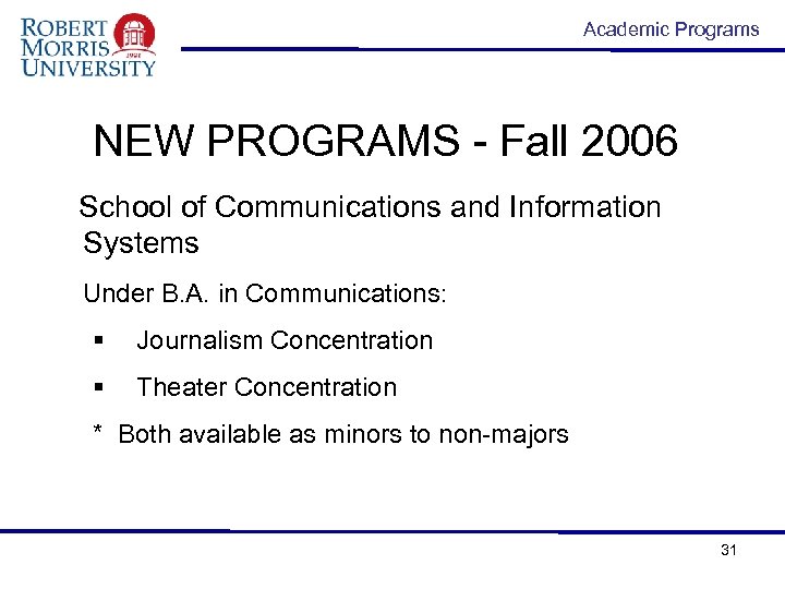 Academic Programs NEW PROGRAMS - Fall 2006 School of Communications and Information Systems Under