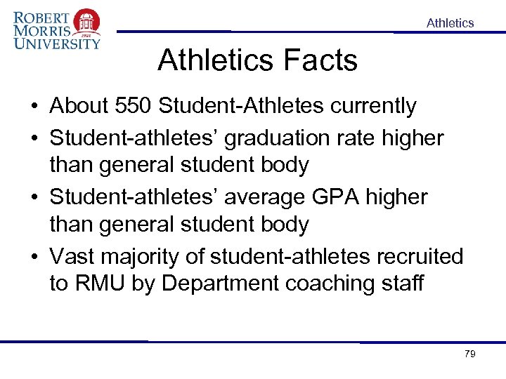 Athletics Facts • About 550 Student-Athletes currently • Student-athletes’ graduation rate higher than general