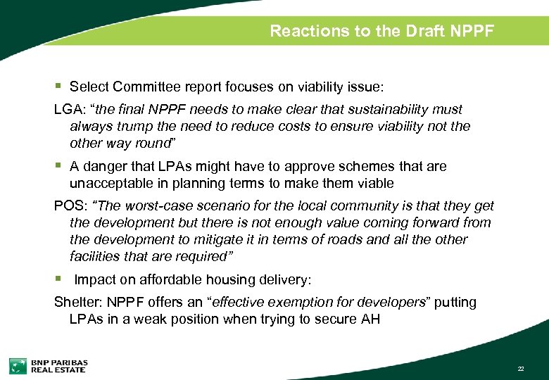 Reactions to the Draft NPPF § Select Committee report focuses on viability issue: LGA: