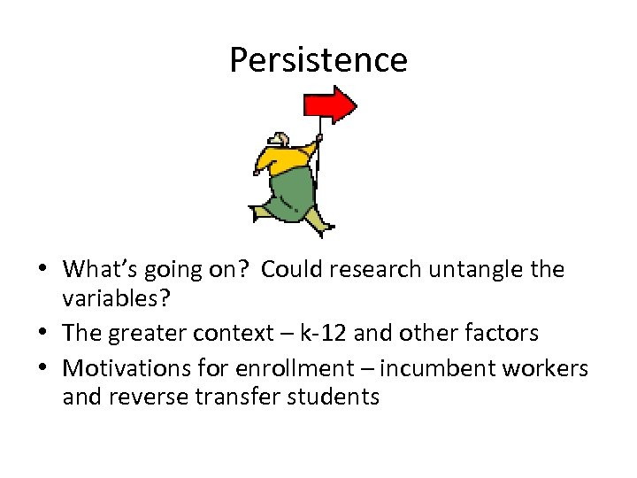 Persistence • What’s going on? Could research untangle the variables? • The greater context