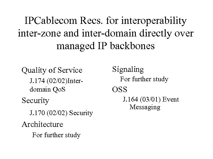 IPCablecom Recs. for interoperability inter-zone and inter-domain directly over managed IP backbones Quality of