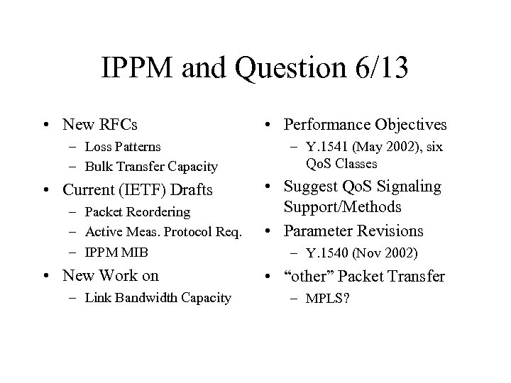 IPPM and Question 6/13 • New RFCs – Loss Patterns – Bulk Transfer Capacity