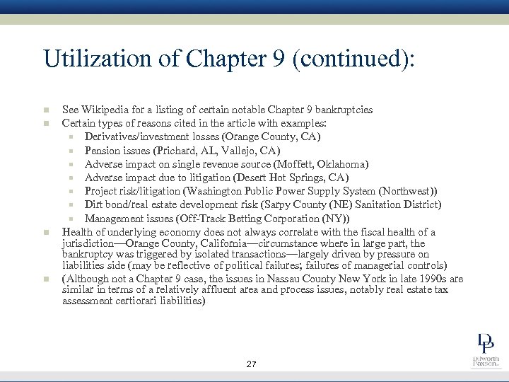 Utilization of Chapter 9 (continued): n n See Wikipedia for a listing of certain