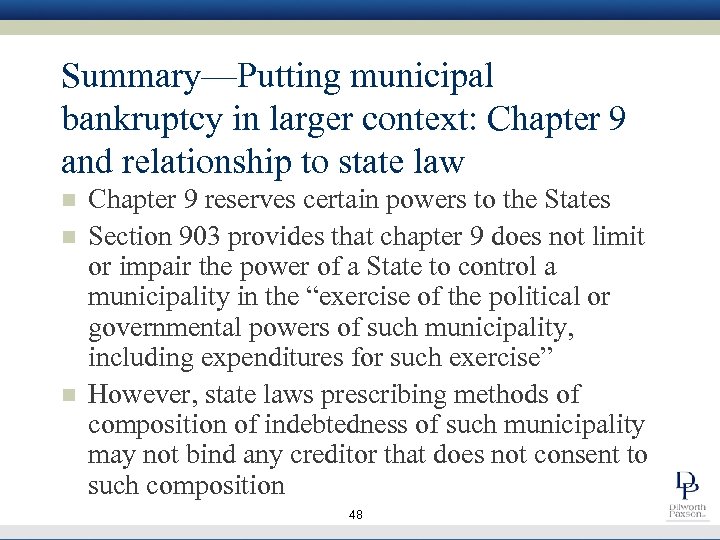 Summary—Putting municipal bankruptcy in larger context: Chapter 9 and relationship to state law n