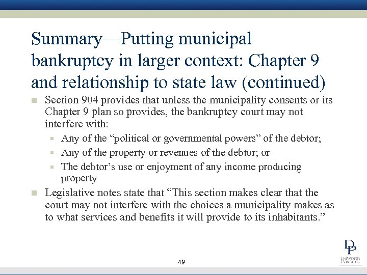 Summary—Putting municipal bankruptcy in larger context: Chapter 9 and relationship to state law (continued)