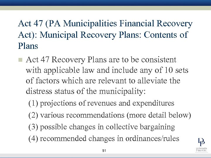 Act 47 (PA Municipalities Financial Recovery Act): Municipal Recovery Plans: Contents of Plans n