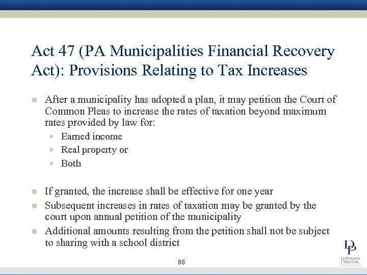 Act 47 (PA Municipalities Financial Recovery Act): Provisions Relating to Tax Increases n After