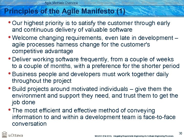 Rational Unified Process Agile Methods Overview Extreme Programming Practices XP Process Conclusion Principles of