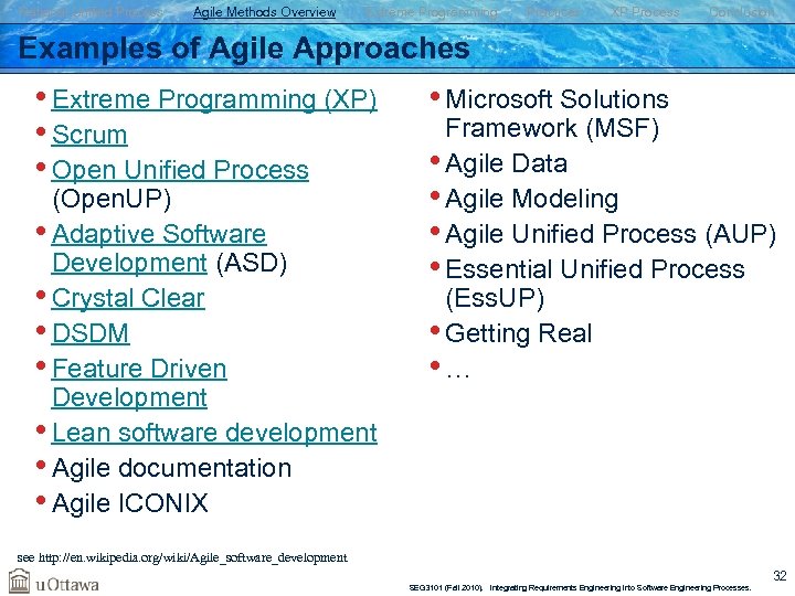 Rational Unified Process Agile Methods Overview Extreme Programming Practices XP Process Conclusion Examples of