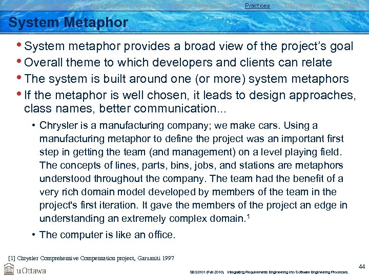 Rational Unified Process Agile Methods Overview Extreme Programming Practices XP Process Conclusion System Metaphor