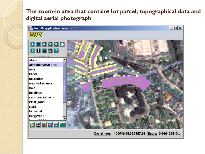 The zoom-in area that contains lot parcel, topographical data and digital aerial photograph 
