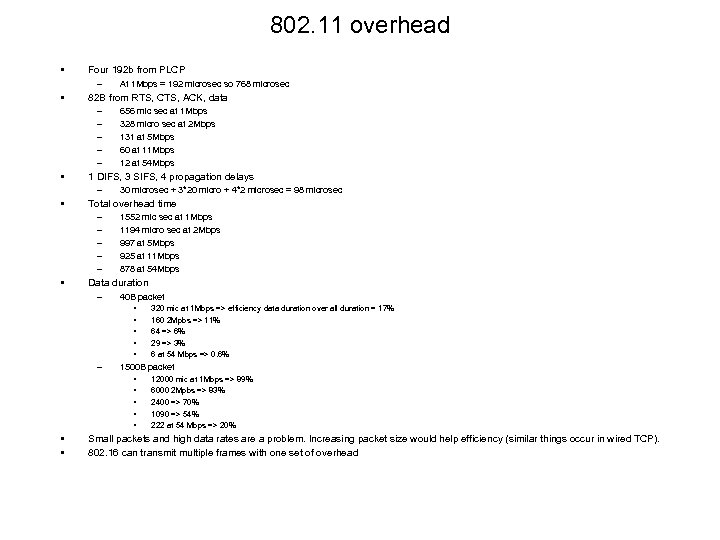 802. 11 overhead • Four 192 b from PLCP – • At 1 Mbps