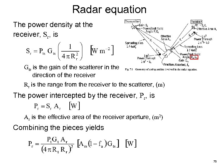 Radar equation The power density at the receiver, Sr, is Gts is the gain
