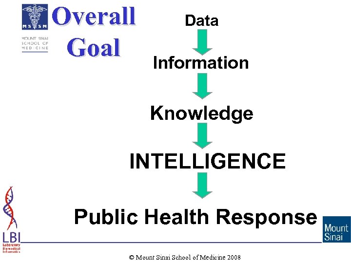 Overall Goal Data Information Knowledge INTELLIGENCE Public Health Response © Mount Sinai School of