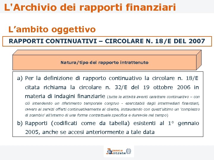 L'Archivio dei rapporti finanziari L’ambito oggettivo RAPPORTI CONTINUATIVI – CIRCOLARE N. 18/E DEL 2007