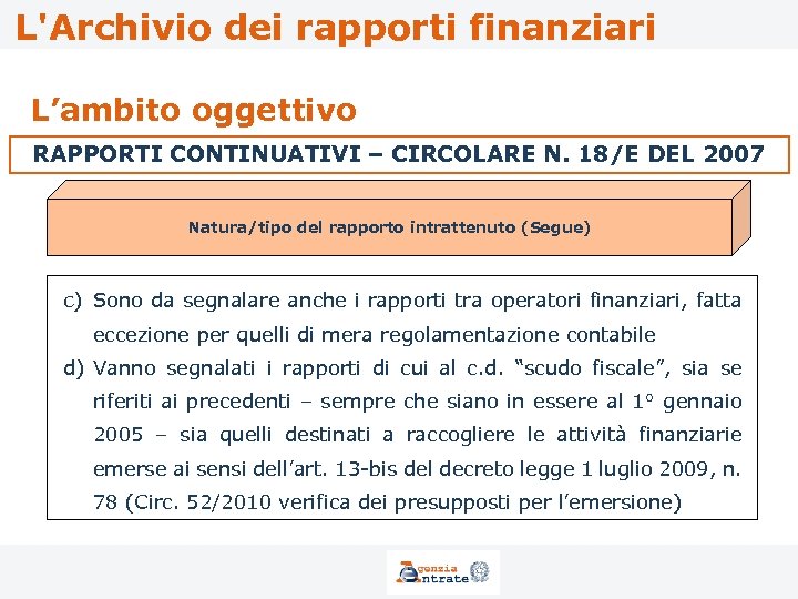 L'Archivio dei rapporti finanziari L’ambito oggettivo RAPPORTI CONTINUATIVI – CIRCOLARE N. 18/E DEL 2007