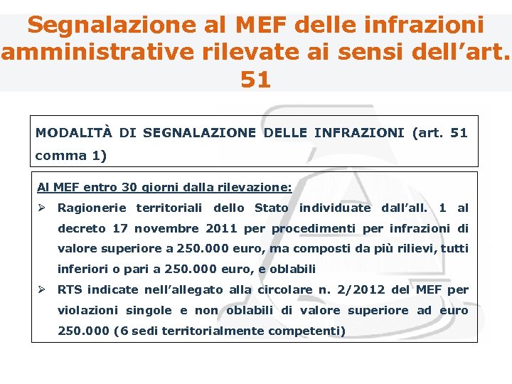 Segnalazione al MEF delle infrazioni amministrative rilevate ai sensi dell’art. 51 MODALITÀ DI SEGNALAZIONE