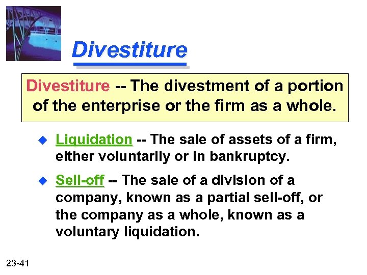 Divestiture -- The divestment of a portion of the enterprise or the firm as