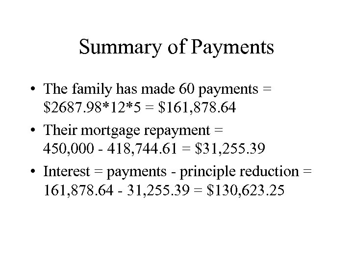 Summary of Payments • The family has made 60 payments = $2687. 98*12*5 =