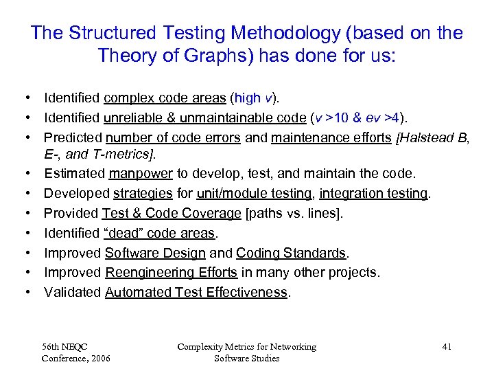 The Structured Testing Methodology (based on the Theory of Graphs) has done for us: