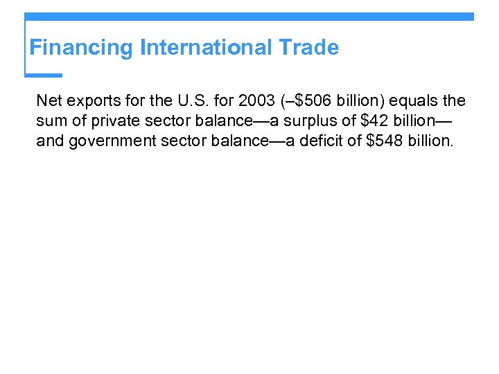 Financing International Trade Net exports for the U. S. for 2003 (–$506 billion) equals