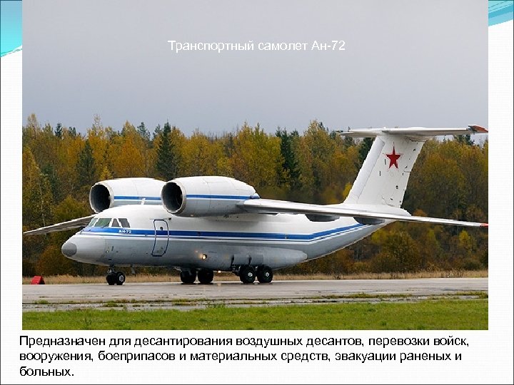 Транспортный самолет Ан-72 Предназначен для десантирования воздушных десантов, перевозки войск, вооружения, боеприпасов и материальных