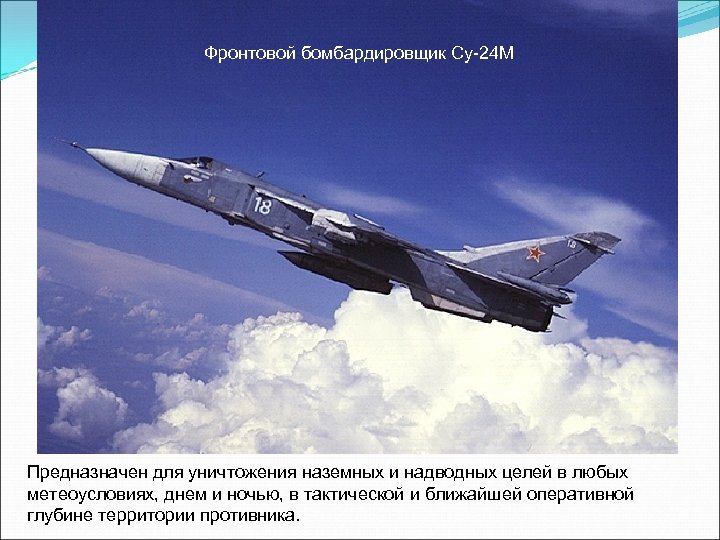Фронтовой бомбардировщик Су-24 М Предназначен для уничтожения наземных и надводных целей в любых метеоусловиях,