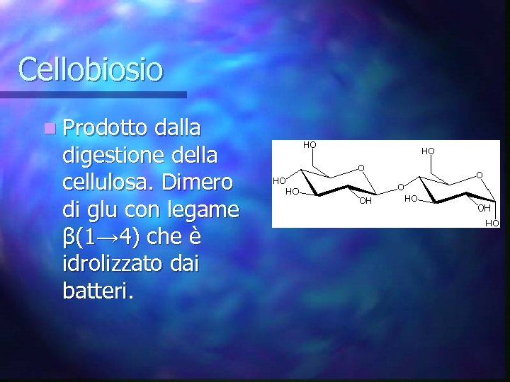 Cellobiosio n Prodotto dalla digestione della cellulosa. Dimero di glu con legame β(1→ 4)