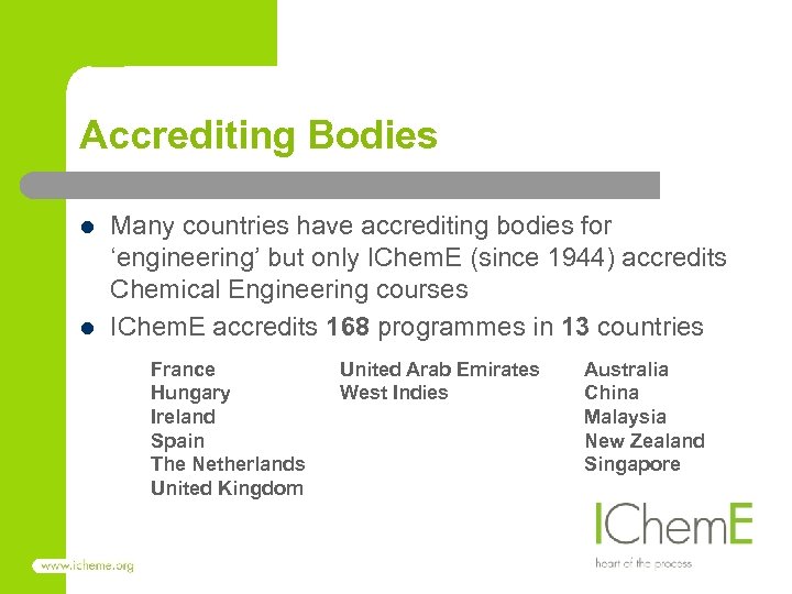 Accrediting Bodies l l Many countries have accrediting bodies for ‘engineering’ but only IChem.