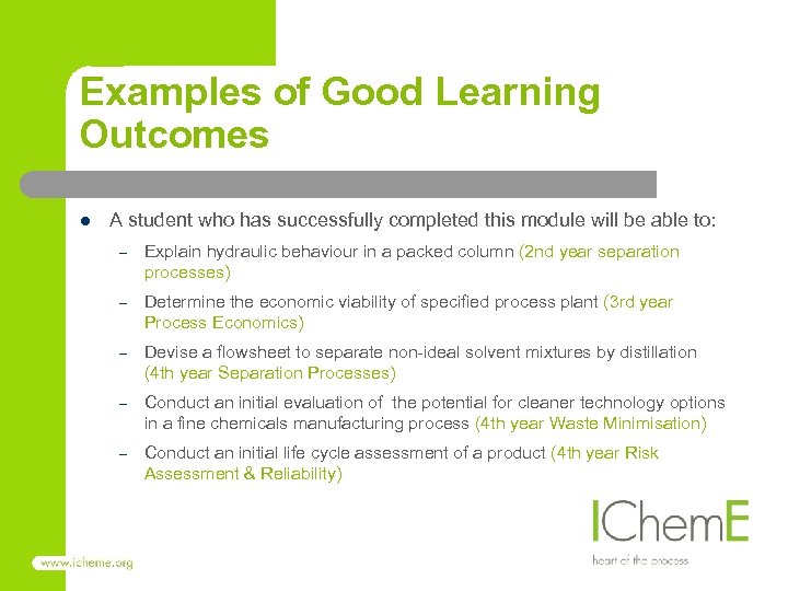 Examples of Good Learning Outcomes l A student who has successfully completed this module