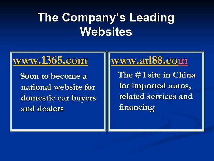 The Company’s Leading Websites www. 1365. com Soon to become a national website for