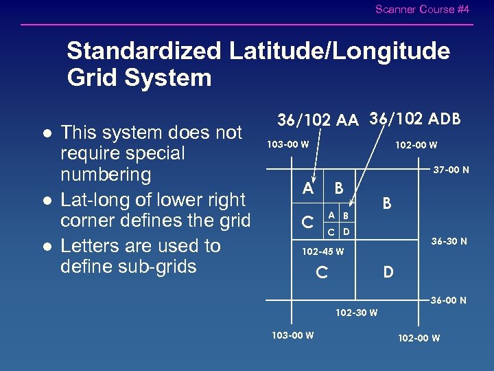 Scanner Course #4 Standardized Latitude/Longitude Grid System l l l This system does not