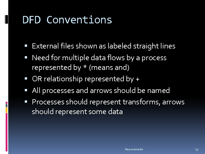 DFD Conventions External files shown as labeled straight lines Need for multiple data flows