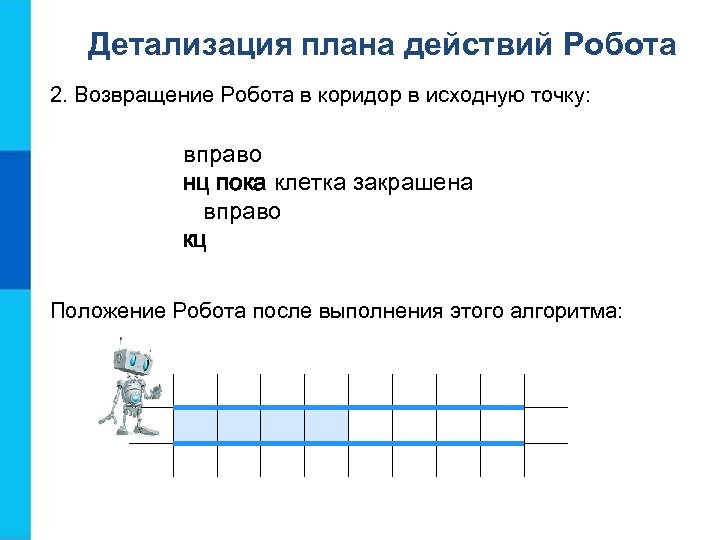 Детализация плана действий Робота 2. Возвращение Робота в коридор в исходную точку: вправо нц