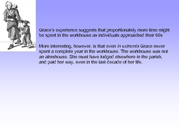 Grace’s experience suggests that proportionately more time might be spent in the workhouse as