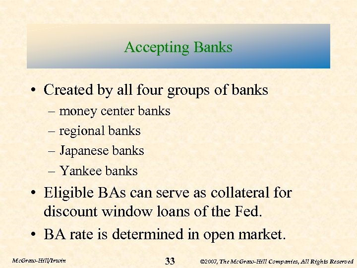 Accepting Banks • Created by all four groups of banks – money center banks