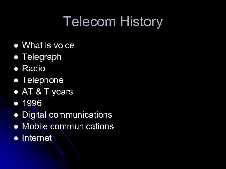 Telecom History l l l l l What is voice Telegraph Radio Telephone AT