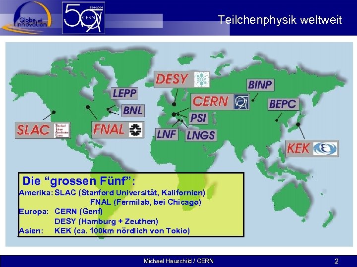 Teilchenphysik weltweit Die “grossen Fünf”: Amerika: SLAC (Stanford Universität, Kalifornien) FNAL (Fermilab, bei Chicago)