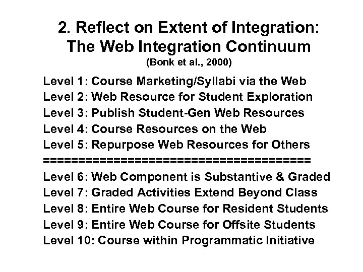 2. Reflect on Extent of Integration: The Web Integration Continuum (Bonk et al. ,