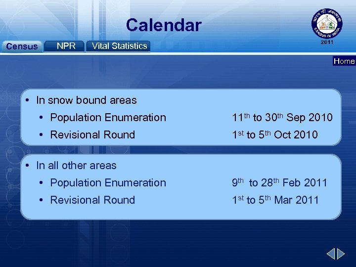 Calendar Census NPR Vital Statistics Home • In snow bound areas • Population Enumeration