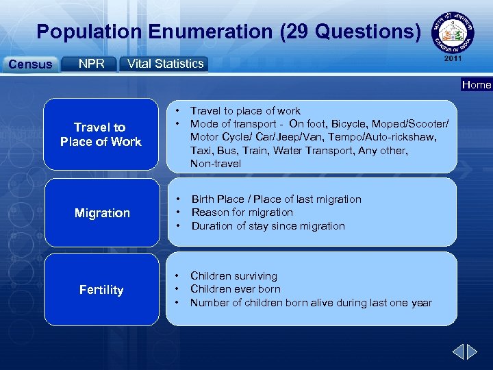 Population Enumeration (29 Questions) Census NPR Vital Statistics Home • • Travel to place