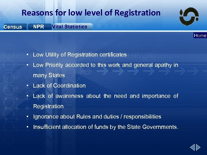 Reasons for low level of Registration Census NPR Vital Statistics Home • Low Utility