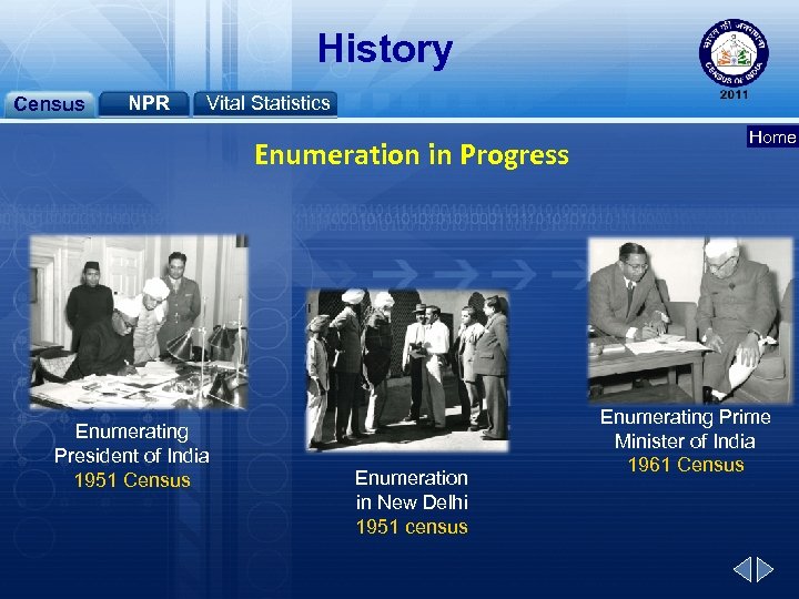 History Census NPR Vital Statistics Enumeration in Progress Enumerating President of India 1951 Census