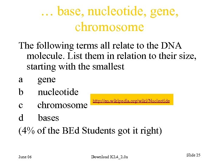 … base, nucleotide, gene, chromosome The following terms all relate to the DNA molecule.