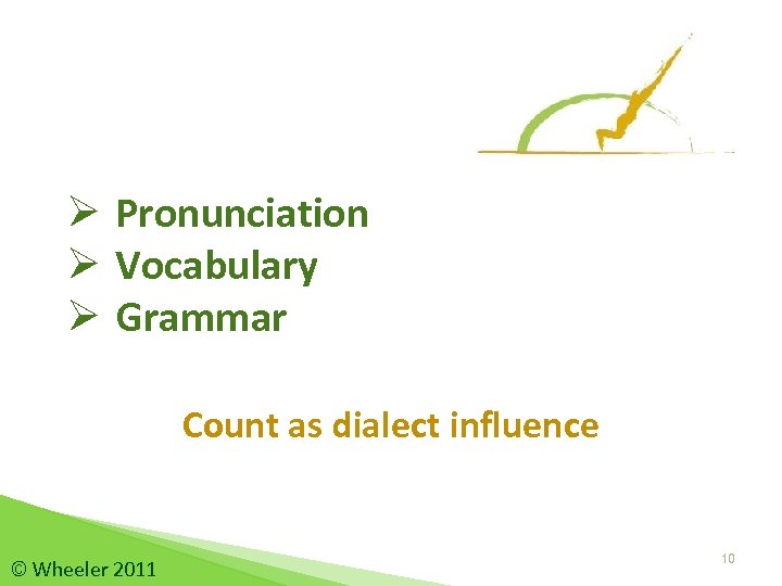 Ø Pronunciation Ø Vocabulary Ø Grammar Count as dialect influence © Wheeler 2011 10