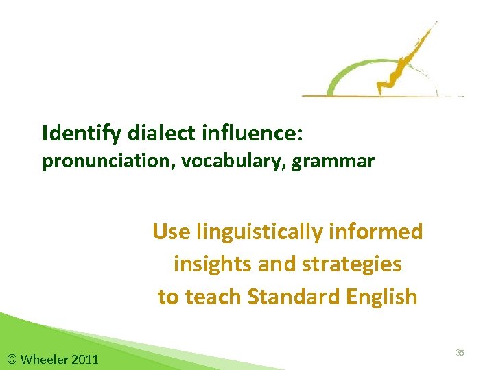 Identify dialect influence: pronunciation, vocabulary, grammar Use linguistically informed insights and strategies to teach