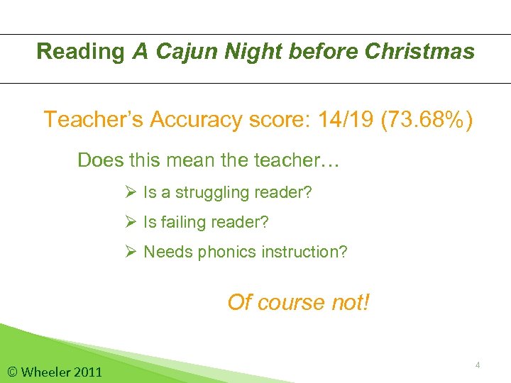 Reading A Cajun Night before Christmas Teacher’s Accuracy score: 14/19 (73. 68%) Does this