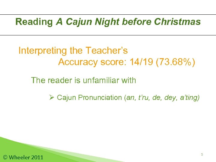 Reading A Cajun Night before Christmas Interpreting the Teacher’s Accuracy score: 14/19 (73. 68%)