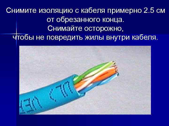 Снимите изоляцию с кабеля примерно 2. 5 см от обрезанного конца. Снимайте осторожно, чтобы