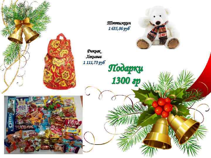 Топтыжкин 1 635, 86 руб Рюкзак Хохлома 1 111, 73 руб Подарки 1300 гр